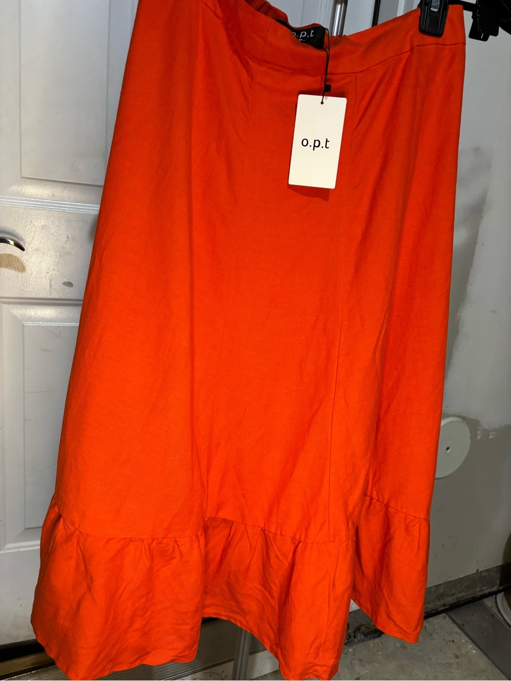 NWT OPT Orange Linen Blend Midiβ Skirt Womenβs Medium Ruffle Hem